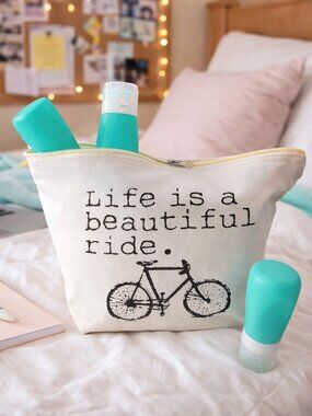 Canvas Travel Cosmetic Bag Set w Bottles Life Is Beautiful Ride NEW
